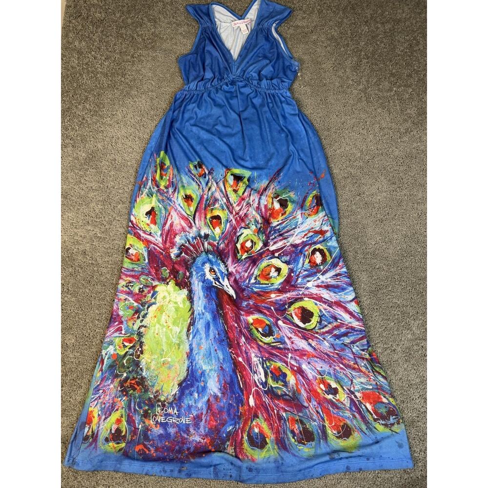 Leoma Lovegrove Dress Womens M Blue Maxi Sundress Tank VNeck Ruched Animal Print - Picture 2 of 13